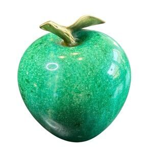Green Marble Apple- brass stem- table paperweight decor- vibrant fruit decor